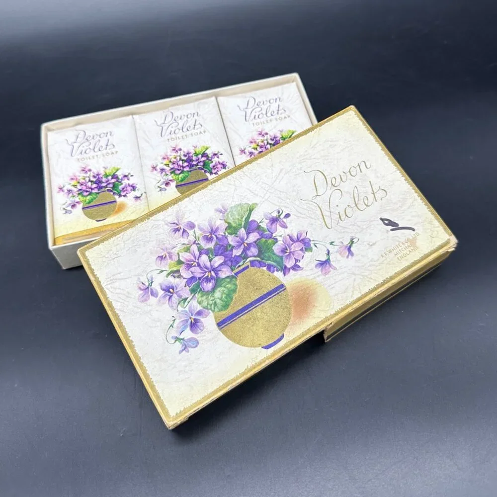 Vintage Devon Violets Toilet Soap Set 3 Bars White and Co England 1970s Bathroom